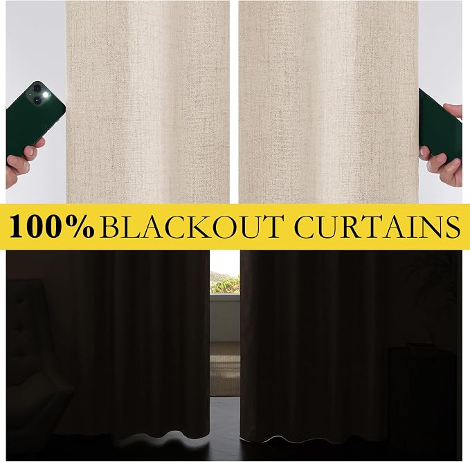 NICETOWN 102 inch Blackout Linen Curtains for Bedroom 2 PCs, Beige | Thermal Insulated, Farmhouse Style, Room Cooling Window Draperies for Dining Room, Bedroom for Daytime Sleep, W52" x L102"