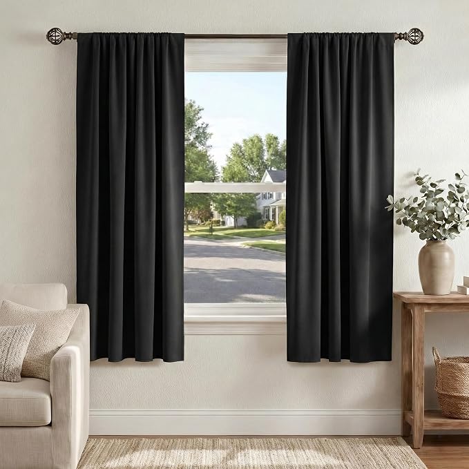 PONY DANCE Black Out Curtains 72 inch Long, Black, 2 Panels | Blackout Solid Rod Pocket Thermal Insulated Panels for Bedroom Living Room, Energy Efficient Window Drapes, 42"W x 72"L