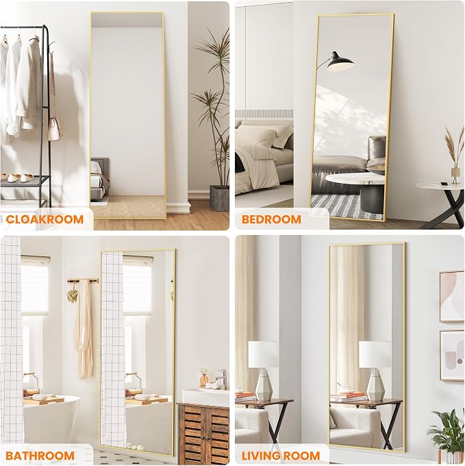 Full Length Floor Mirror 70"x24", Large Standing Body Mirror, Gold | Built-in Stand, HD Shatterproof Glass, Aluminum Alloy Frame, Wall Mounted or Standing, for Bedroom, Living Room and Bathroom
