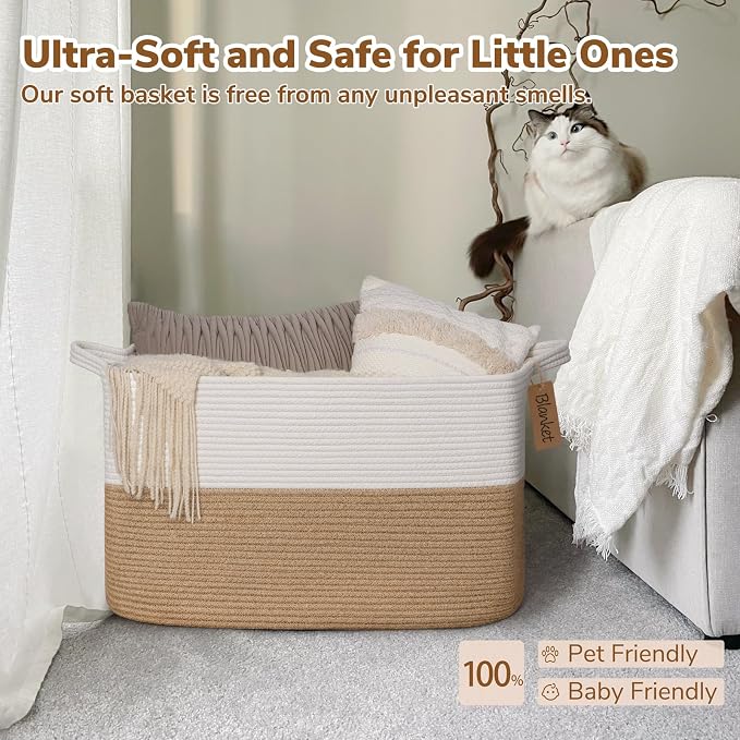 Goodpick 75L Extra Large Woven Rope Blanket Basket, Rectangle, Jute | 22" × 17" × 12" Decorative Storage Basket for Pillows, Toys & Daily Essentials, Fits Living Room, Bedroom & Home Decor
