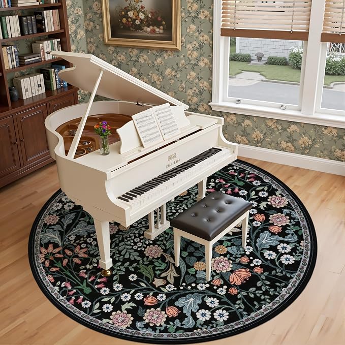 PLHXFR Round Area Rug Living Room: 8 ft Floral Washable Carpet Dark Black | For Bedroom Dining Room Farmhouse Nursery Hallway,Vintage Floral,Machine washable,Non Slip,Stain Resistant,Large Indoor
