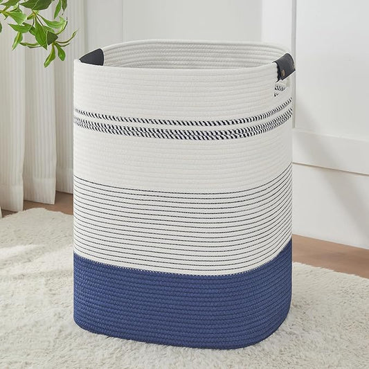 AINUOQI Large Laundry Basket - Tall Woven Rope Laundry Hamper with Leather Handles - Dirty Clothes hamper for Living room, Bedroom, 17" X 13.8" X 22", Dark Blue & White