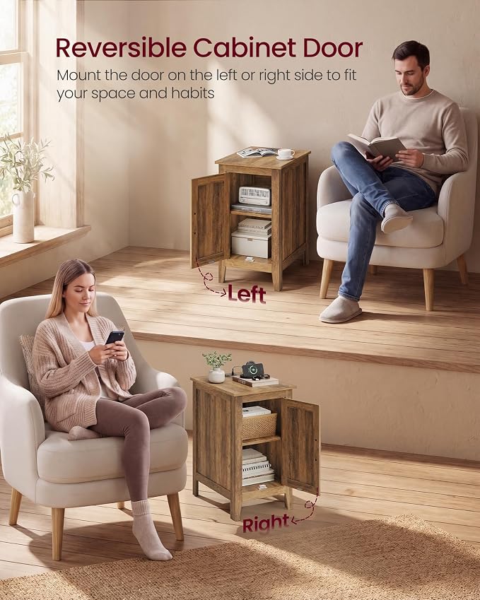 VASAGLE LIRY Collection - End Table with Charging Station, Narrow Side Table with Storage Cabinet, Nightstand for Bedroom, Home Office, Warm Brown ULET131K101S