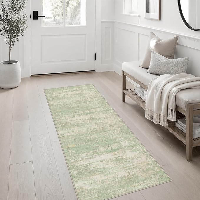 2x5 Washable Runner Rug：Modern Abstract Soft Carpet Green Cream | For Hallway, Bedroom, Kitchen, Laundry, Bathroom,Door Mat,Modern Abstract,Machine washable,Non-Slip,Stain Resistant,Indoor