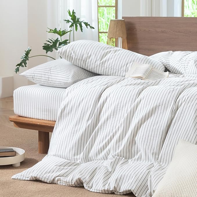 MooMee Striped Duvet Cover Set 100% Washed Cotton Linen Like Oversized King | Relaxed Linen-like Texture. Soft, Breathable & Long-lasting Comfort. Lightweight. Hidden Zipper with 8 Interior Corner Ties