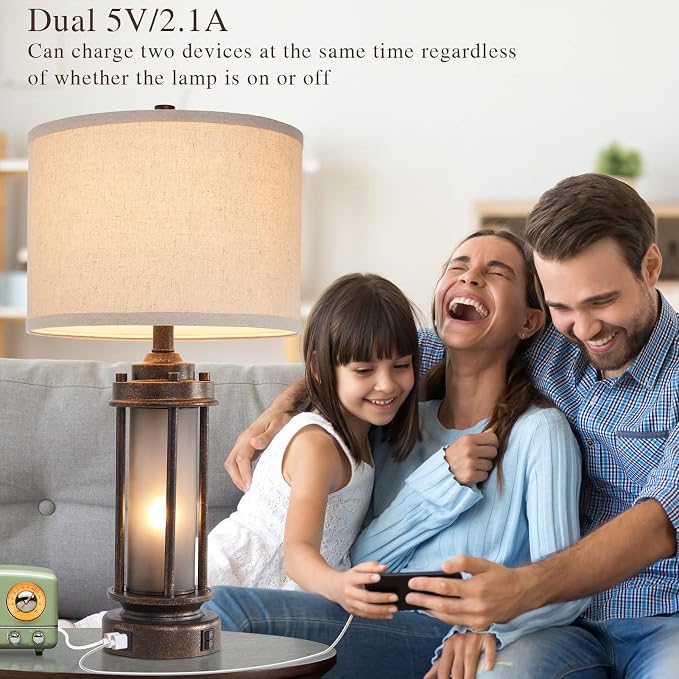 AIEAMPDO Set of 2 Farmhouse Table Lamps for Living Room with USB C+A Ports | Rustic Vintage Bedroom Nightstand Lamp, Built-In Frosted Glass Night Light for End Table Entryway, 4 Bulbs Included (Bronze)