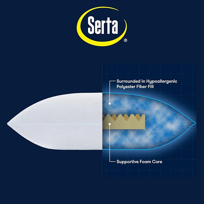Serta Won't Go Flat Down Alternative Cooling Bed Pillows, Extra Life Foam Core with Medium Support, Perfect for Back, Stomach or Side Sleepers (2 Pack), Standard/Queen, White