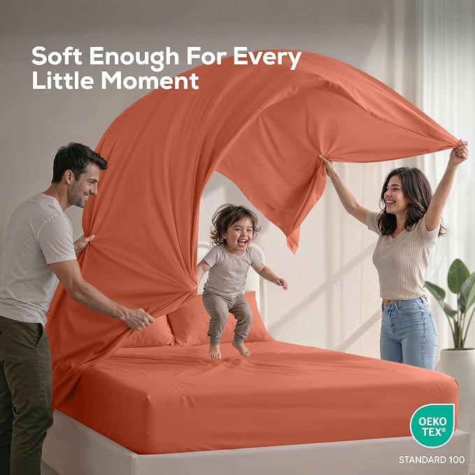Queen Sheets Set, 4 Pieces 16" Deep Pocket Hotel Luxury Bed Sheets, Orange | Extra Soft Bedsheet Set, Comfy & Breathable Cooling Sheets, Wrinkle & Fade Resistant, Fitted Sheet, Flat Sheet, 2 Pillowcases
