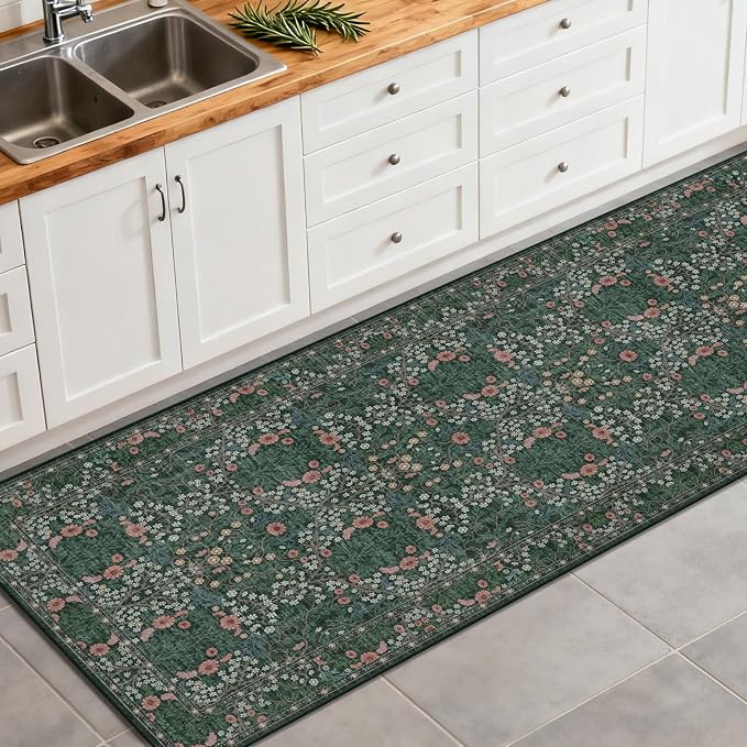 Washable 2' x 6' Runners for Hallways, Non Slip Long Floor Runner for Kitchen, Entryway Indoor, Stain Resistant Rubber Backing Floral Decor Rug (Green)