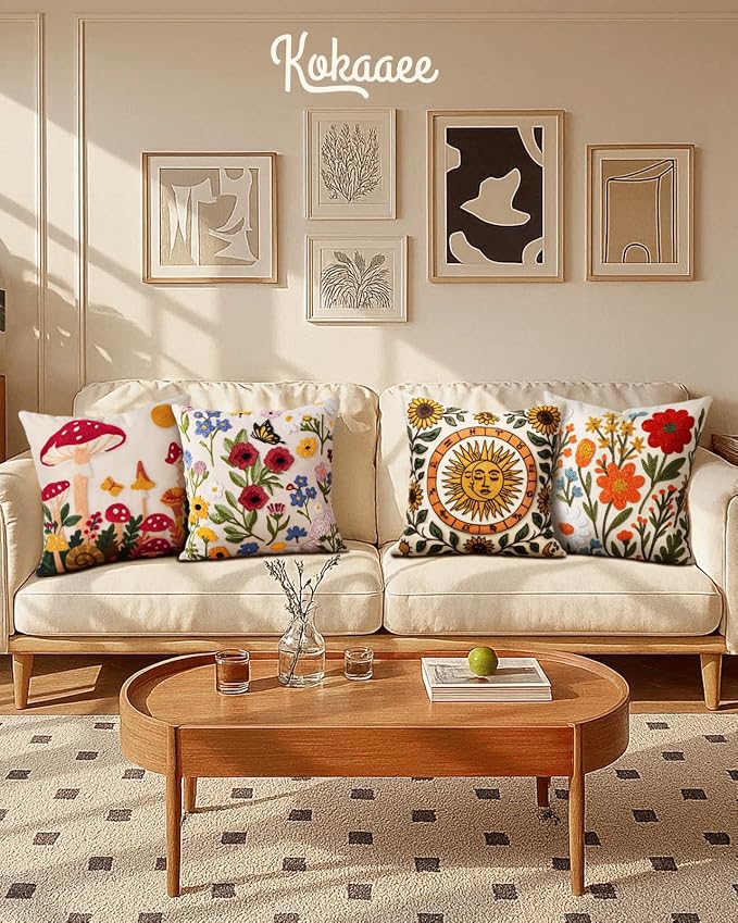 Embroidered Throw Pillow Covers 18x18 Inch, 2Pack, Retro Flower | Decorative Pillow Covers Set of 2, Vintage Boho Cushion Cases with Hidden Zipper, Floral Decor for Couch, Sofa, Living Room