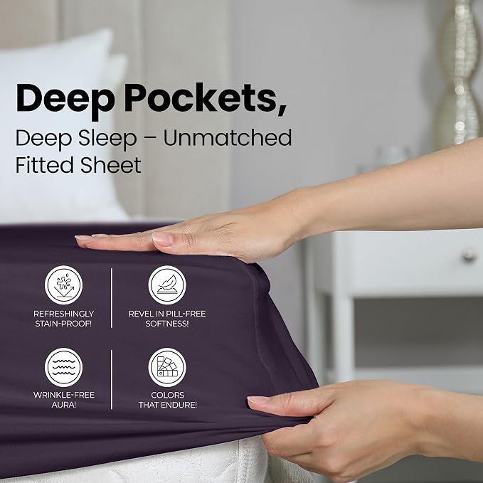 Queen Fitted Sheet, Ultra Soft Fits Up to 16 Inch Deep Pocket, Purple | Hotel Comfort, Cooling & Breathable Cotton like Polyester, Easy Fit, Wrinkle & Fade Resistant, Snug Fit, Easy Care, Oeko-Tex