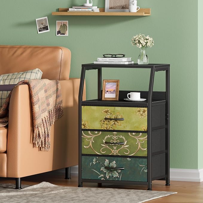 Furnulem Retro NightStand with 3 Drawer, Small Vintage Storage Dresser | Small Fabric Night stand Side Table with 2-Tier Shelf, Storage Drawer for Dorm, Closet, Bedside Table, Metal Frame, Wood Top