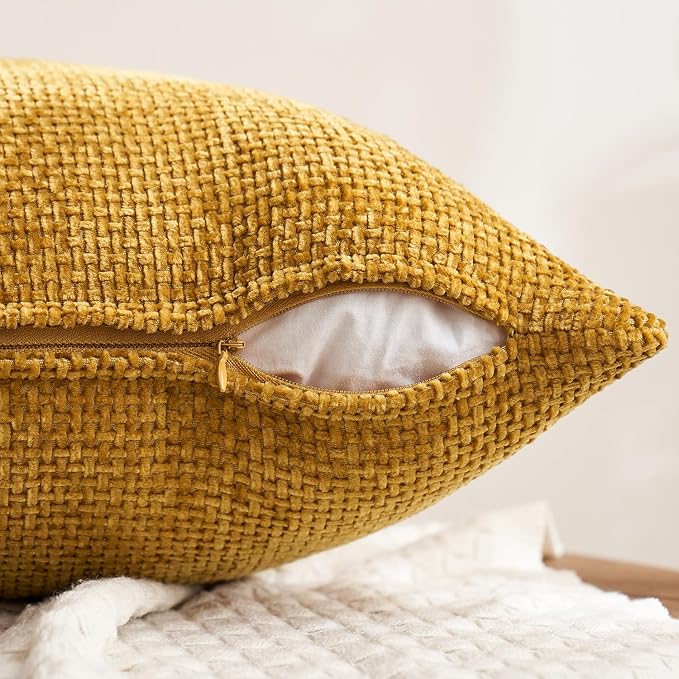 MIULEE Decorative Chenille Fall Pillow Covers Gold Brown 18x18 Pack of 4 | Rustic Home Decor, Earth Tones Set, Couch Throw Pillows, Farmhouse Boho Cushion Covers for Sofa Bed Living Room