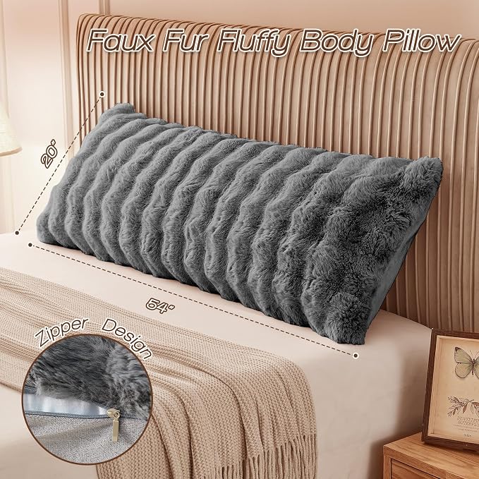YZ HOME Faux Fur Fluffy Body Pillow for Adults, Soft Support | Firm Body Pillow, Adjustable Support for Side Sleeping, Pregnant Women, Washable cover,Gifts, 20x54 Inch (Grey)