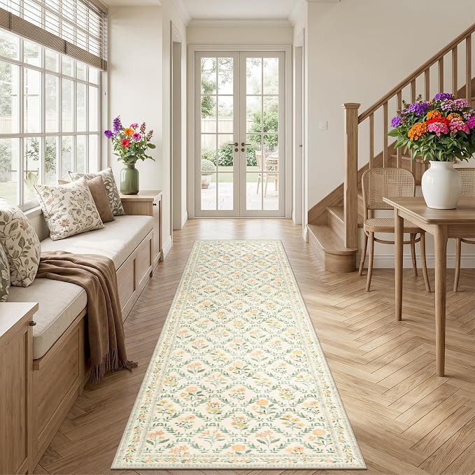 PLHXFR 2.6x10 Washable Runner Rug：Floral Indoor Kitchen Carpet Beige Multi | For Hallway Bedroom Kitchen Laundry Bathroom Dorm,Vintage Floral,Machine washable,Non Slip,Stain Resistant,Indoor Floor