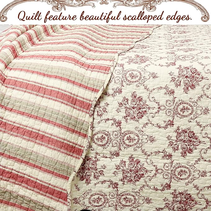 Cozy Line Home Fashions French Medallion Beige Burgundy Red Rose Flower Pattern Printed 100% Cotton Bedding Quilt Set Reversible Coverlet Bedspread (Burgundy Red, King - 3 piece)