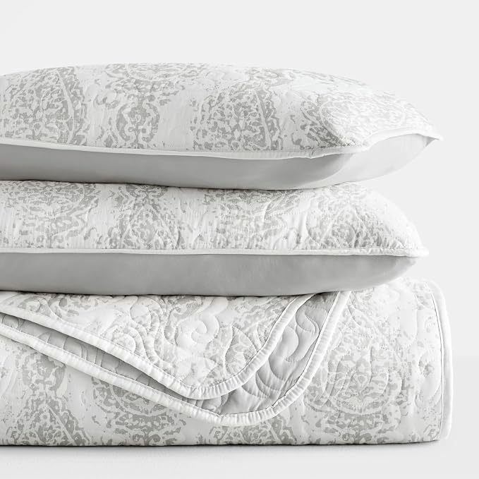 Merit Linens Soft Quilt Coverlet Bedding Set - Pattern/Solid Reversible - Full/Queen Light Gray