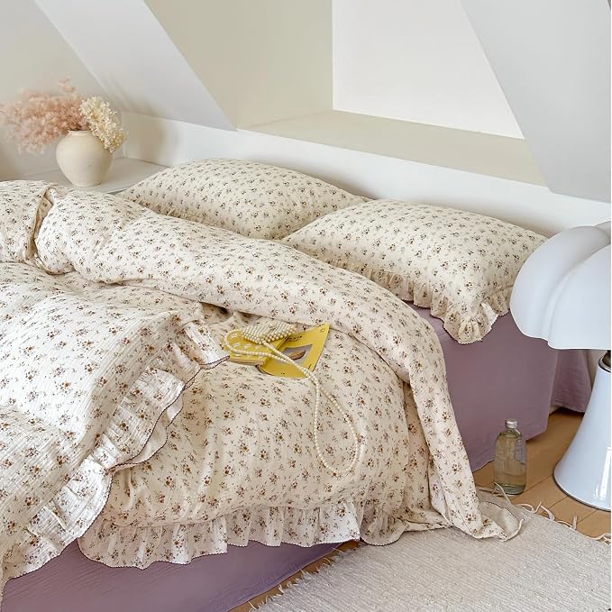 Muslin Cotton Kids Duvet Cover Twin Size, 68"x86", Shabby Chic Crape Flower Design Girls Quilt Cover Vintage Princess Style Bedding Ruffled Comforter Cover Floral Print, No Pillowcase