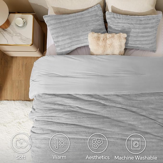 BEDELITE Faux Fur Queen Comforter Set, Fluffy Bed Set, Light Grey | Super Soft & Warm, Luxury Fuzzy Cozy Comforter for Winter, Heavy Plush Bed set, with 2 Pillowcases