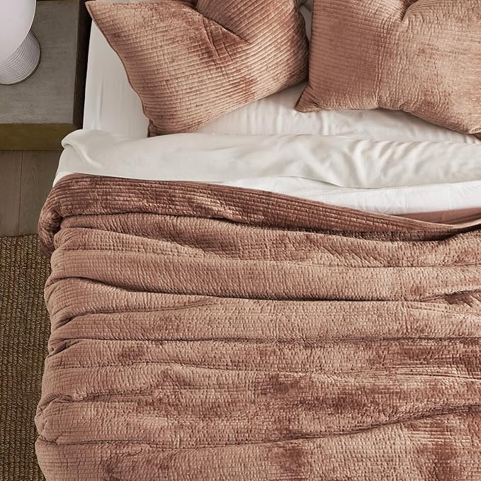 EverGrace Velvet Quilt Set, Oversized Cal King 118"x106", Terracotta Clay | Luxurious Soft Velvet Comforter, Striped Channel Bedding Set, Lightweight Bedspread Coverlet for All Season, with 2 Shams