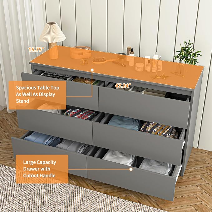 Vibe & Dine 6 Drawer Double Dresser, Modern Chest of Drawers with Wide Storage for Closet, Bedroom, Living Room (Grey)