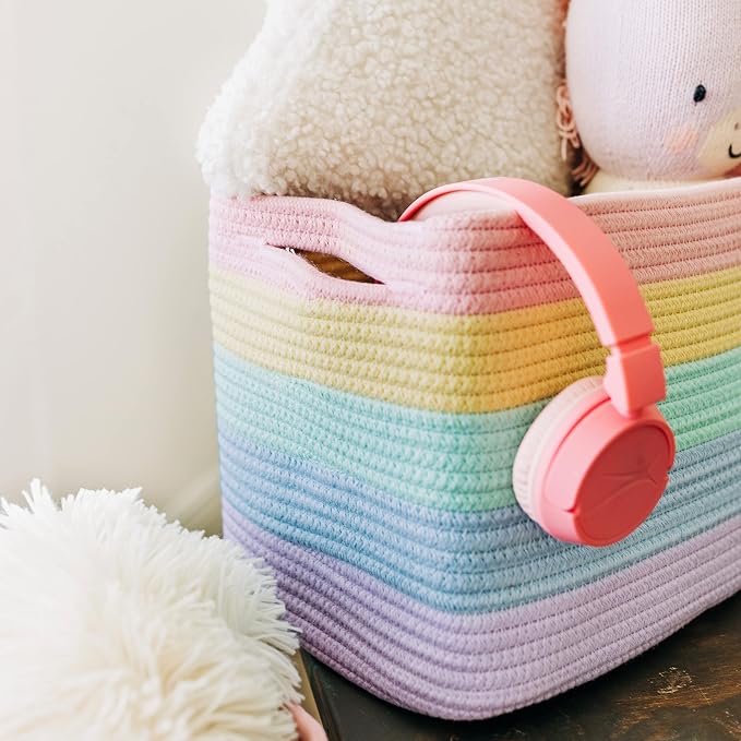 OrganiHaus Rainbow Baskets for Shelves, Set of 3, 15x9x10 | Colorful, handwoven cotton rope; a toy bin for playroom, classroom, or girls' room decor; great for nursery too