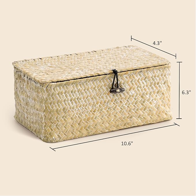 Nonam Small Wicker Basket with Lid,Seagrass Shelf Basket Set of 3,Nautral | Storage Basket Container for Organizing, Boho Decorative Basket, Rectangular Household Storage Boxes for Home Organization