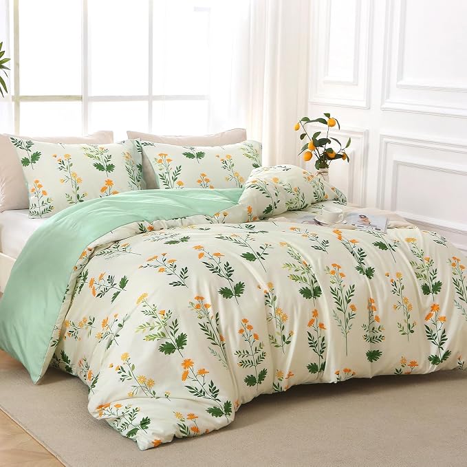 MUXHOMO Duvet Cover King Size, Reversible Floral Vintage Duvet Cover Set with Zipper Closure, 3 Pieces Botanical Patterns Soft Microfiber Bedding Set (90"x104", 2 Pillow Cases)