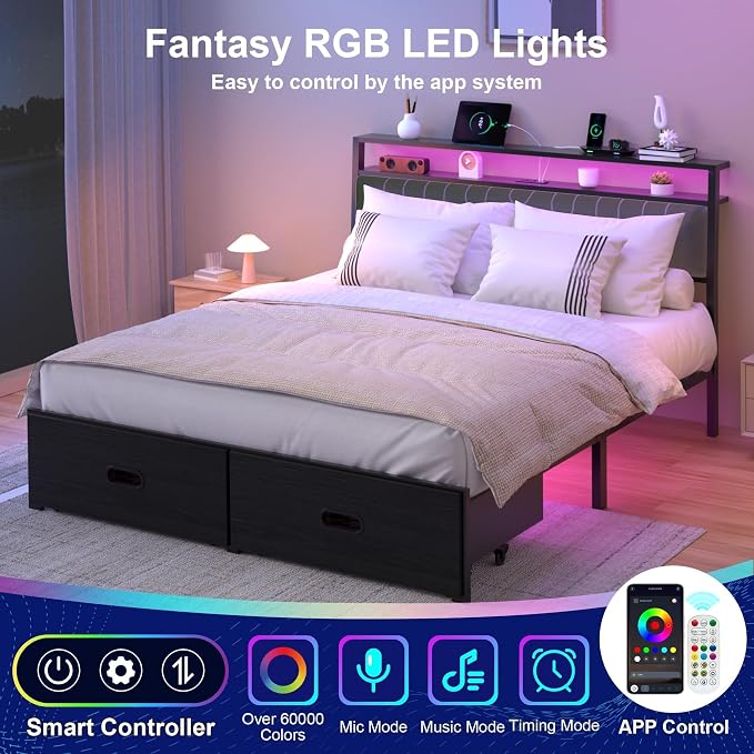 Queen Bed Frame with 2 Drawers, Platform Bed Frame with LED Lights and Charging Station, Upholstered Headboard, Heavy Duty Metal Slats, No Box Spring Needed, Noise Free, Easy Assembly