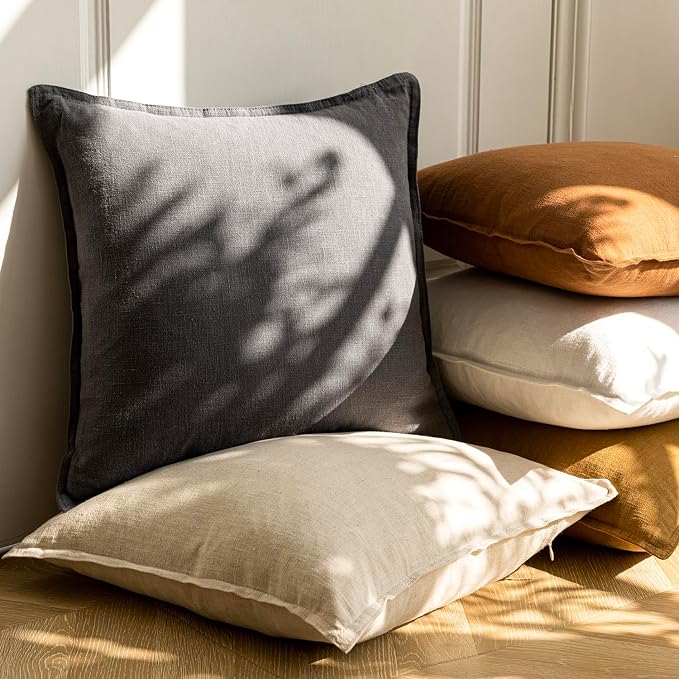Foindtower Linen Solid Decorative Throw Pillow Covers 18x18 Natural Beige | Pack of 2 Boho Farmhouse Neutral Pillowcase,Soft Euro Accent Cushion Covers,Home Decor for Bed Couch Sofa Bedroom Living Room