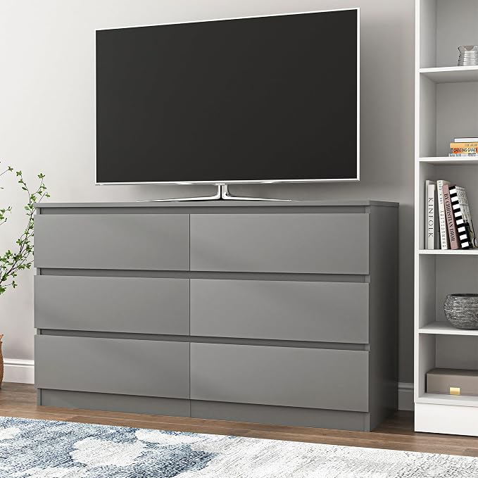 Vibe & Dine 6 Drawer Double Dresser, Modern Chest of Drawers with Wide Storage for Closet, Bedroom, Living Room (Grey)