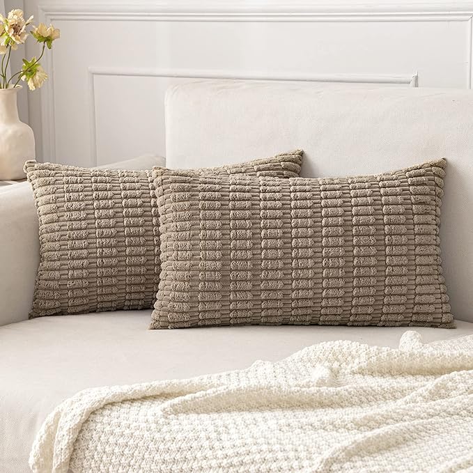 MIULEE Lumbar Corduroy Decorative Throw Pillow Covers 12x20 Light Brown | Pack of 2 Soft Boho Striped Pillow Covers Modern Farmhouse Fall Home Decor For Sofa Living Room Couch Bed