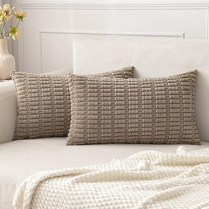 MIULEE Lumbar Corduroy Decorative Throw Pillow Covers 24x12 Light Brown | Pack of 2 Soft Boho Striped Pillow Covers Modern Farmhouse Fall Home Decor For Sofa Living Room Couch Bed