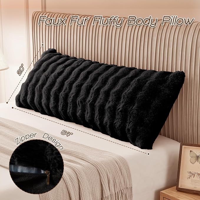 YZ HOME Faux Fur Fluffy Body Pillow for Adults, Soft Support | Firm Body Pillow, Adjustable Support for Side Sleeping, Pregnant Women, Washable cover,Gifts, 20x54 Inch (Black)