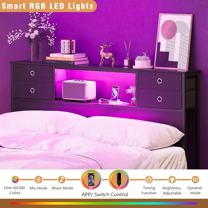 GiftGo Queen Size Headboard with 4 Fabric Storage Drawers Charging Station LED Light Adjustable Height Storage Rack Sturdy and Stable Metal Frame & Wood Shelf (Black, Queen (U.S. Standard))