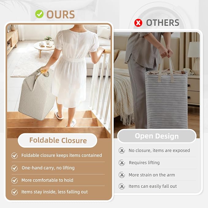 STORAGE MANIAC 2-Pack Large Laundry Hamper, 100L (26.4 Gal) Collapsible Laundry Basket with Bamboo Handles, Freestanding Waterproof Clothes Hamper for Laundry Room, Bedroom, Dorm, Towels, Stripe