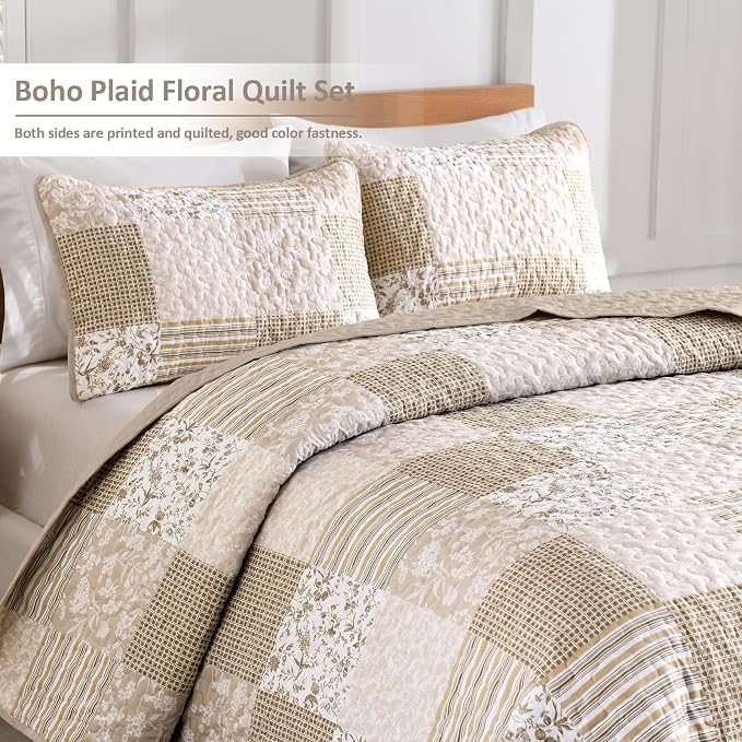 Mybedsoul Boho Quilts Queen Size, Beige Patchwork Floral Bedding Set | Soft Lightweight Microfiber Coverlet Set, 3 Pieces Plaid Reversible Bedspread, Bed Sets for All Seasons 96"x90"