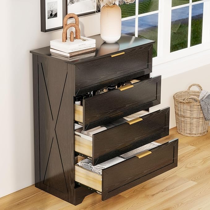 FTZxHKLX Modern Wide Wooden Chest of Drawers, Dresser for Closet, Black | Deep Drawer Dresser with Rose Gold Handles, Small Nursery Dresser with Anti-Tip Design for Living Room, Children's Room
