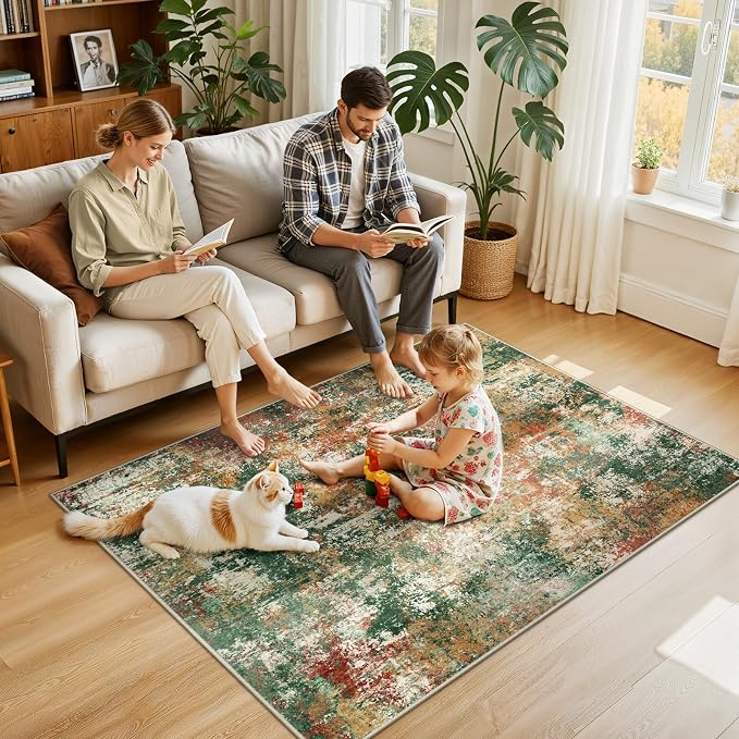 RELEANY Washable 4'x6' Abstract Area Rug for Living Room Green Multi | Carpet for Bedroom, Kitchen, Office, Hallway and Entryway, Printed Pattern, Non‑Slip, Soft, Stain‑Resistant, Easy to Clean