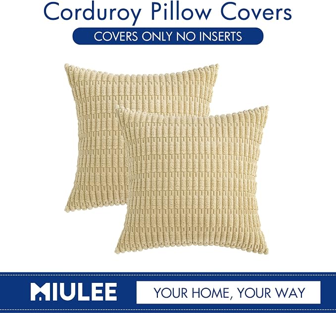 MIULEE Corduroy Decorative Throw Pillow Covers 20x20 Beige Pack of 2 | Soft Boho Striped Pillow Covers Modern Farmhouse Home Decor For Sofa Living Room Couch Bed