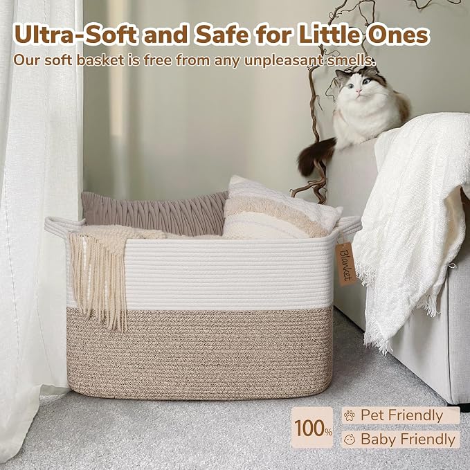 Goodpick 75L Extra Large Woven Rope Blanket Basket, Rectangle, Light Brown | 22" × 17" × 12" Decorative Storage Basket for Blankets, Toys & Clothes, Fits Living Room, Bedroom & Nursery Organization
