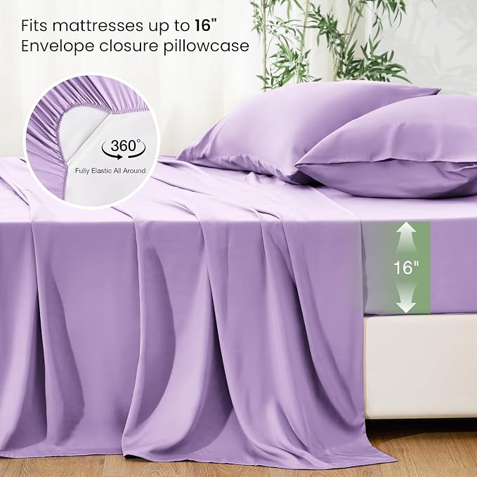 Love's cabin 3 Piece Twin Sheet Set, 100% Rayon Derived from Bamboo, Cooling & Breathable, Soft Silky Deep Pocket up to 16", Hotel Luxury Bedding for Hot Sleepers, Lavender