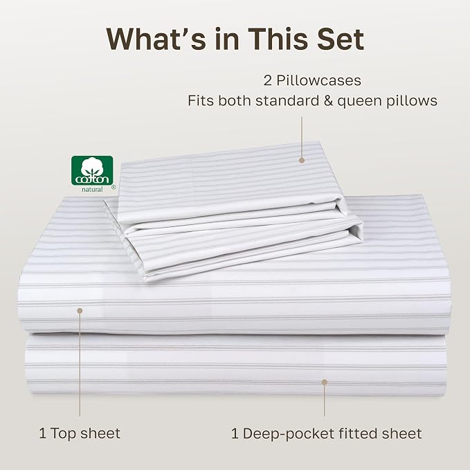 California Design Den Luxury 600 Thread Count Deep Pocket Queen Sheets Set | 100% Cotton Sateen Backed by Good Housekeeping Seal, Soft & Smooth, 16" Deep Pocket - Print - Ticking Stripe