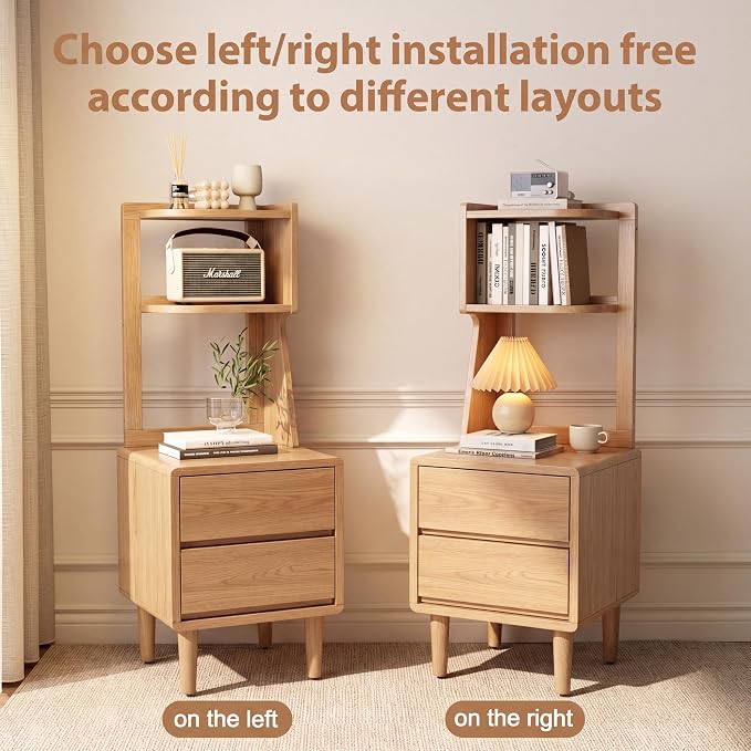 Solid Wood Bookshelf Nightstand Combo, Tall Nightstand with Bookshelf | Oak Nightstand Bookshelf,Solid Wood Nightstand with Drawers,Open Shelf Bookcase,for Bedroom,Living Room,Offices