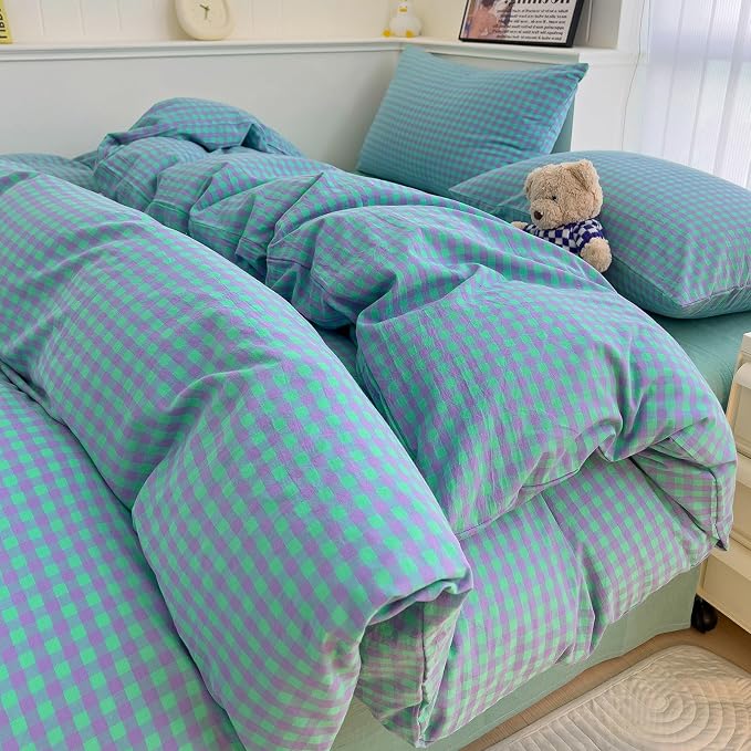 LifeTB Green Gingham Comforter Set King Modern Style Checkered Pattern Comforter Set Fluffy 3 Pieces Green Purple Grid Bed Comforter with 2 Pillowcases Lightweight Gingham Plaid Bedding Set King