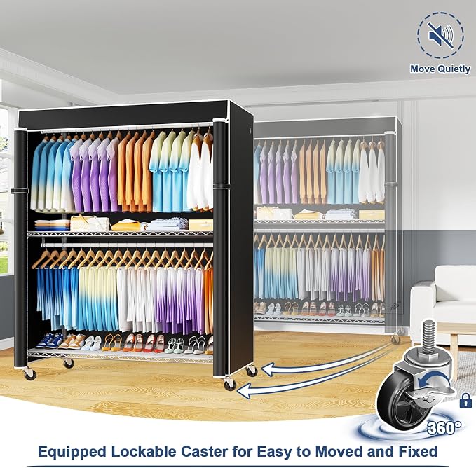 P8C Max Heavy Duty Clothes Rack（With Extended Width Design） Rolling Clothing Racks for Hanging Clothes with Lockable Wheels，51.2"W x 15.8"D x 80.5"H，Load 800LBS，White Rack with Black Cover
