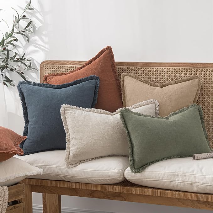 MIULEE Boho Linen Fringe Decorative Euro Throw Pillow Covers Camel 24x24 | Set of 2, Cottagecore Decor, Boho Farmhouse Neutral Pillow Covers, Rustic Couch Cushion Cases for Sofa Bed Living Room