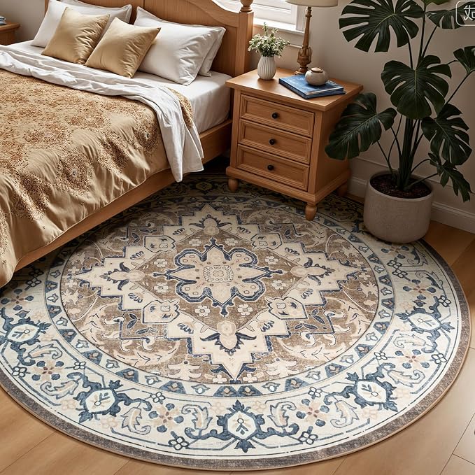 8FT Washable Round Area Rugs for Living Room, Non Slip Circle Rugs | Low Pile Vintage Carpets for Bedroom Dining Room, Nursery, Home Office, Kid Pet Friendly, All Vacuums Compatible, Brown Beige