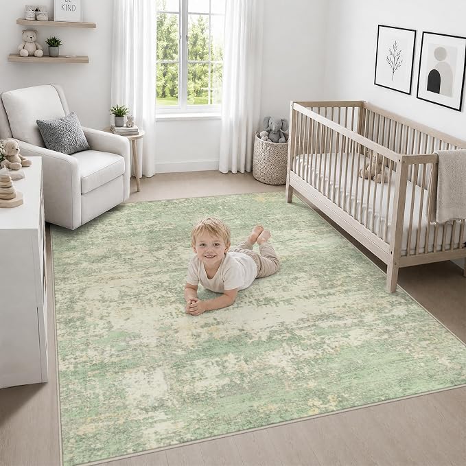 Area Rug Living Room: 5x5 Modern Washable Soft Carpet Green Cream | For Bedroom Dining Room Farmhouse Nursery Hallway Office,Modern Abstract,Machine washable,Non-Slip,Stain Resistant,Indoor