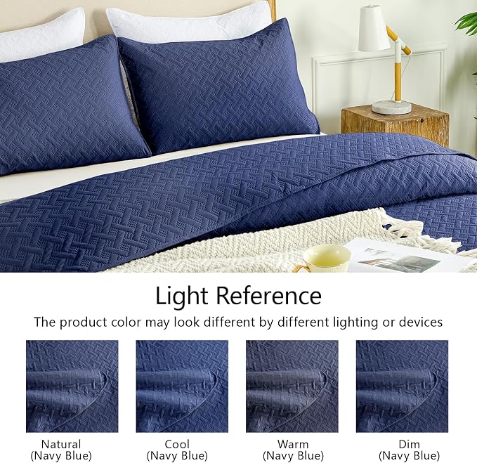 FLYMME King Size Quilt Set - Soft Navy Blue Quilts Lightweight Microfiber Bedspread - Classic Basket Weave Pattern Bedspreads Coverlet 3 Pieces for All-Season (1 Quilt, 2 Pillow Shams)